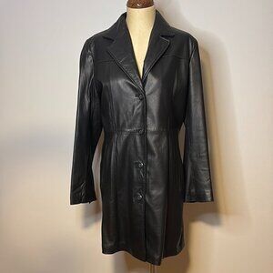 Harve Benard Black Leather Jacket with Notched Lapel and Full-Length Sleeves S